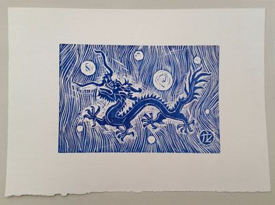 Dragon (i) [blue] (2016) woodcut on paper - Pui Lee